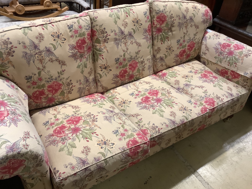 A contemporary Victorian style upholstered three seater settee and matching armchair, settee width 22cm depth 90cm height 100cm